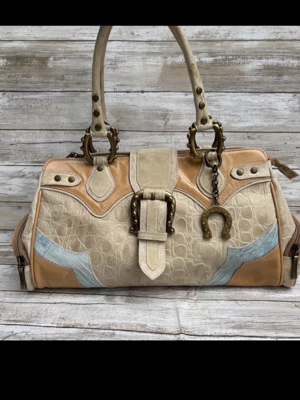 Arcadia Cream, Tan & Light Blue Leather Shoulder Bag